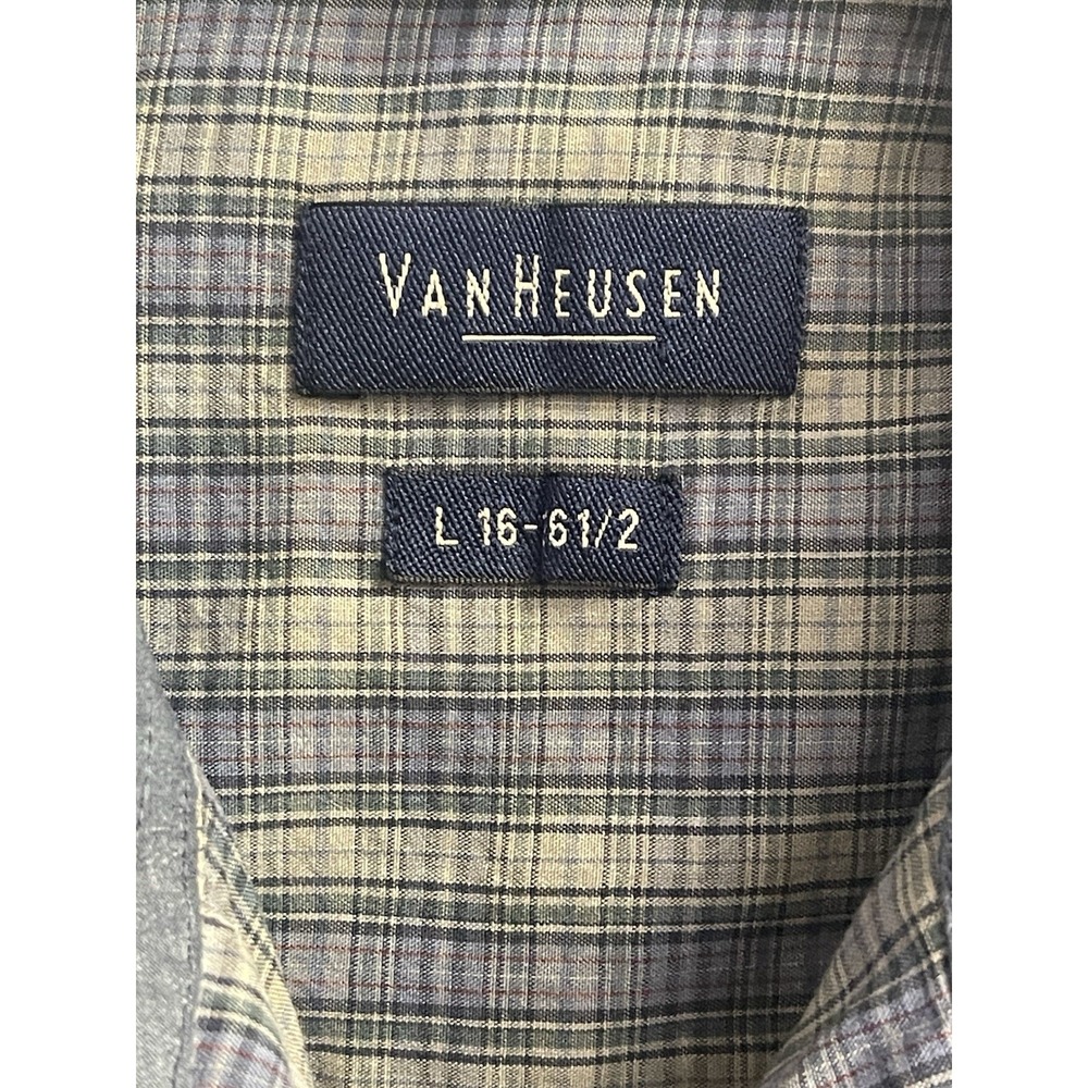 Van Heusen Mens L Blue Green Plaid Short Sleeve Button Down Shirt Wrinkle Free